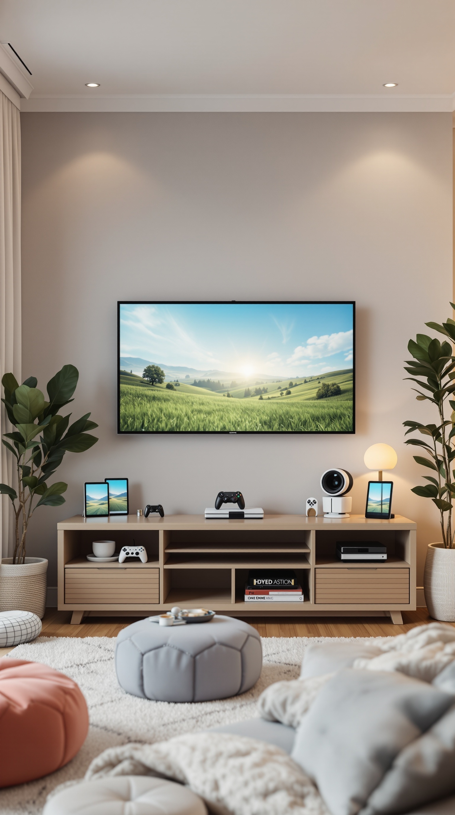 A modern kids TV room featuring a large wall-mounted TV, gaming consoles, tablets, and colorful poufs.