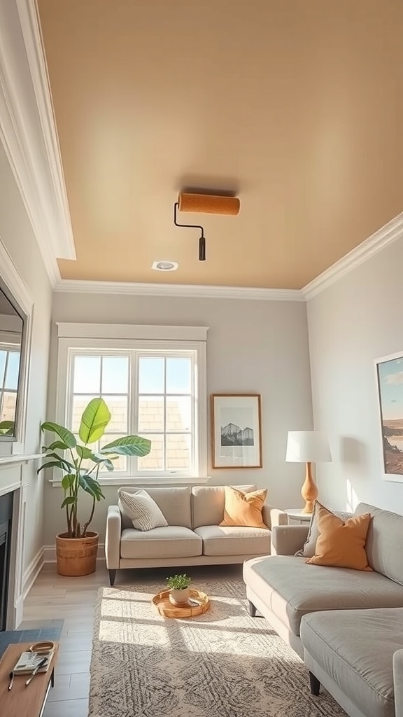 Living room with light beige ceiling and gray walls, featuring a roller and a cozy decor.