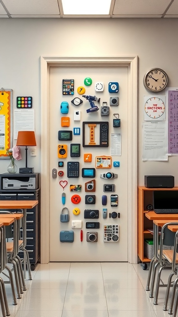 A classroom door decorated with various gadgets and devices, showcasing a tech theme.