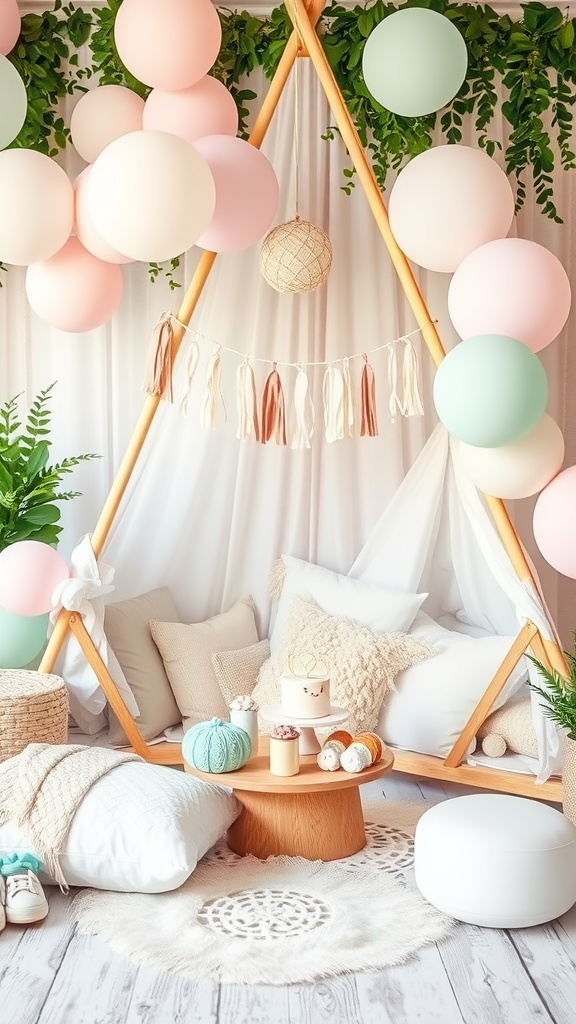 A cozy teepee play area decorated with pastel balloons and soft pillows, perfect for a boho baby shower.
