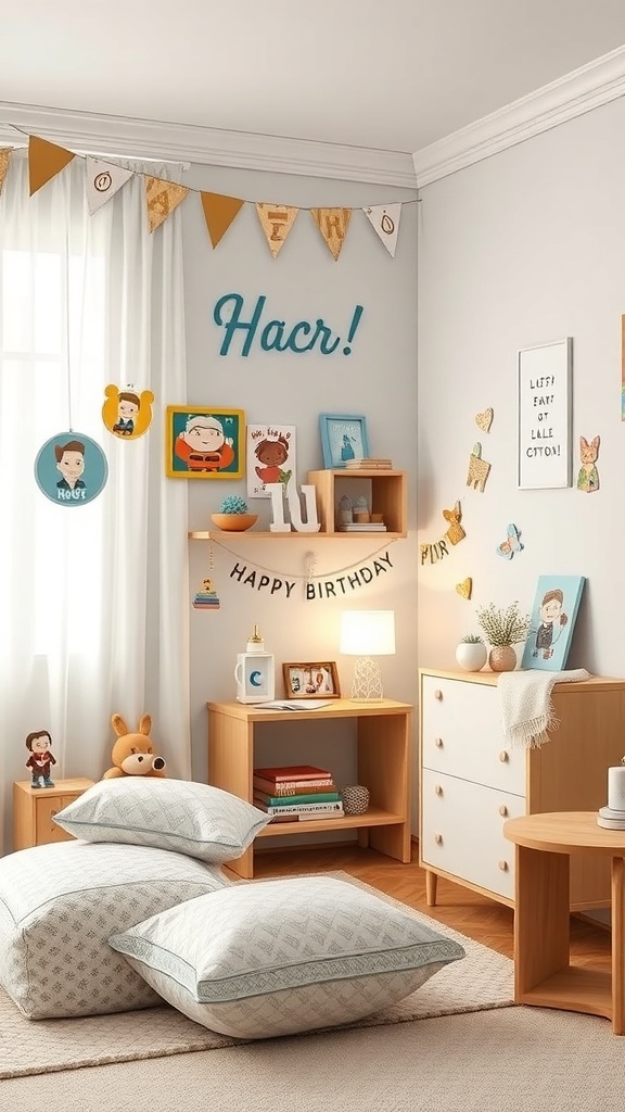 Cuarto decorado para un cumpleaños con temática de personajes favoritos, incluyendo guirnaldas y almohadas.