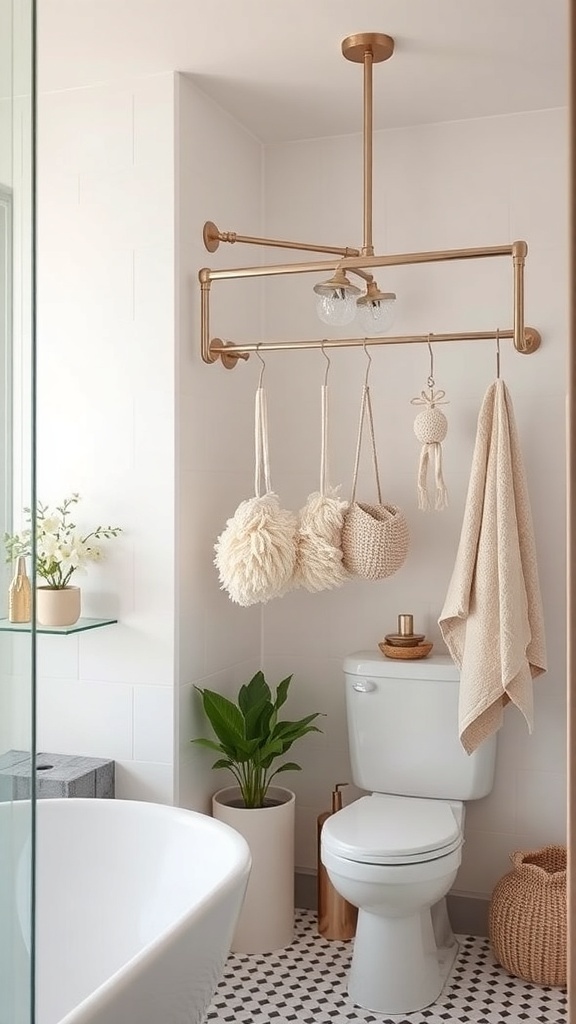 A small bathroom featuring a tension rod with hanging baskets and towels above the toilet.