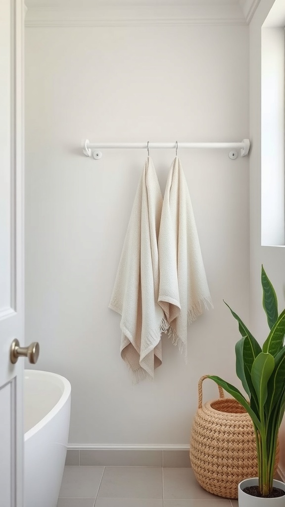 Modern bathroom with a tension rod holding two neutral towels.