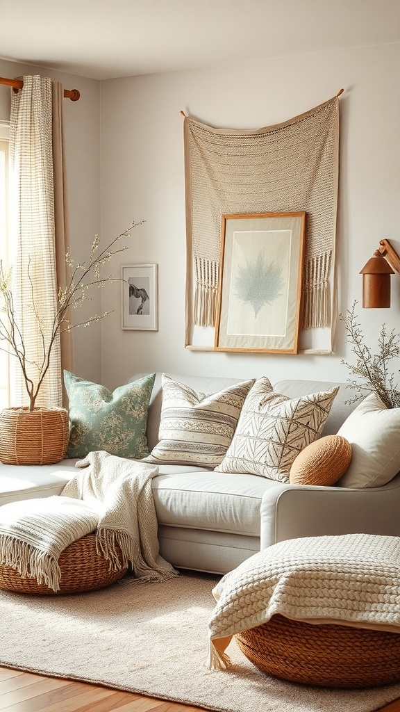 A cozy reading corner with a light couch, various textured pillows, and woven baskets.