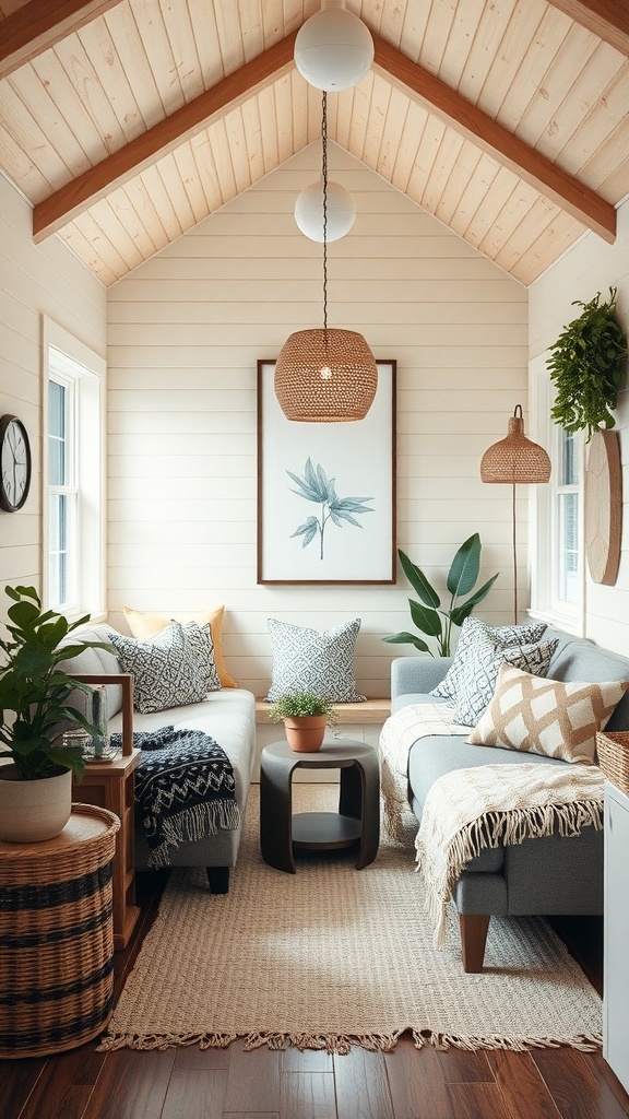 Cozy living area in a tiny house with soft textiles and plants