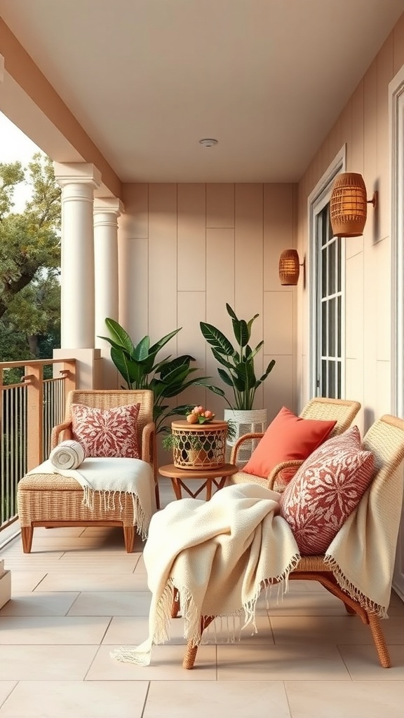 A cozy balcony with woven chairs, colorful pillows, and a soft blanket, surrounded by plants.
