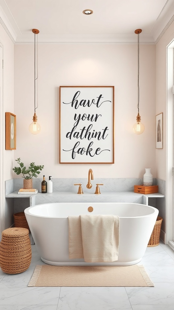 A bathroom featuring a calligraphy art piece that reads 'havt your daithin foake' framed on the wall, with a modern bathtub and warm lighting.
