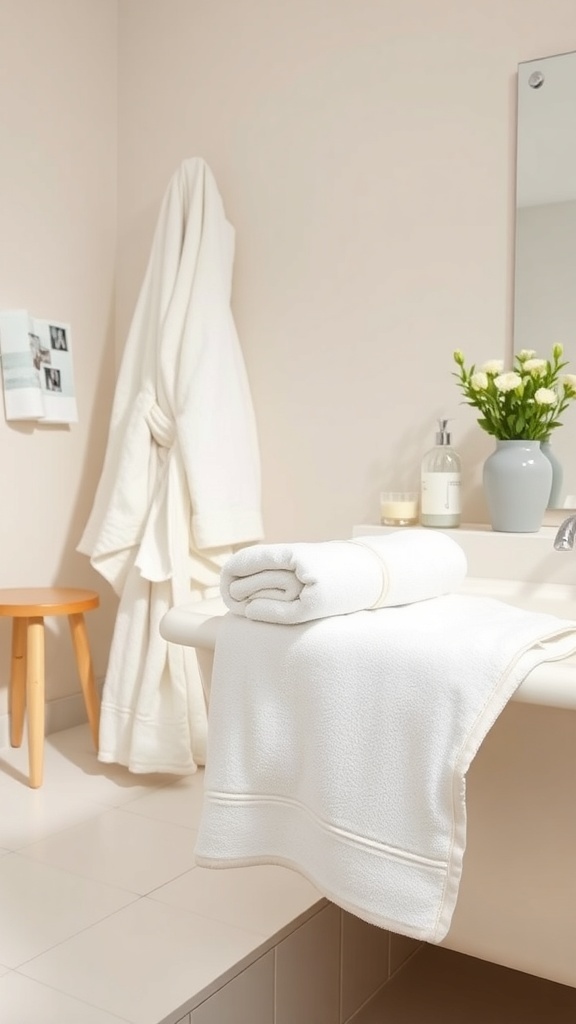 A spa-like bathroom with textured white bath linens, a robe hanging, and a vase of flowers.