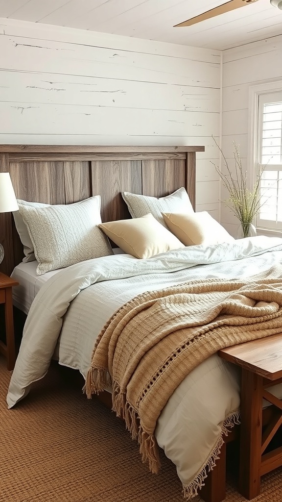 A cozy farmhouse bedroom with textured bedding layers, featuring a wooden headboard, soft pillows, and a chunky blanket.