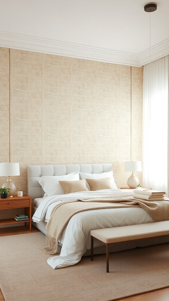 A cozy bedroom with textured beige wallpaper, white bed, and natural light.