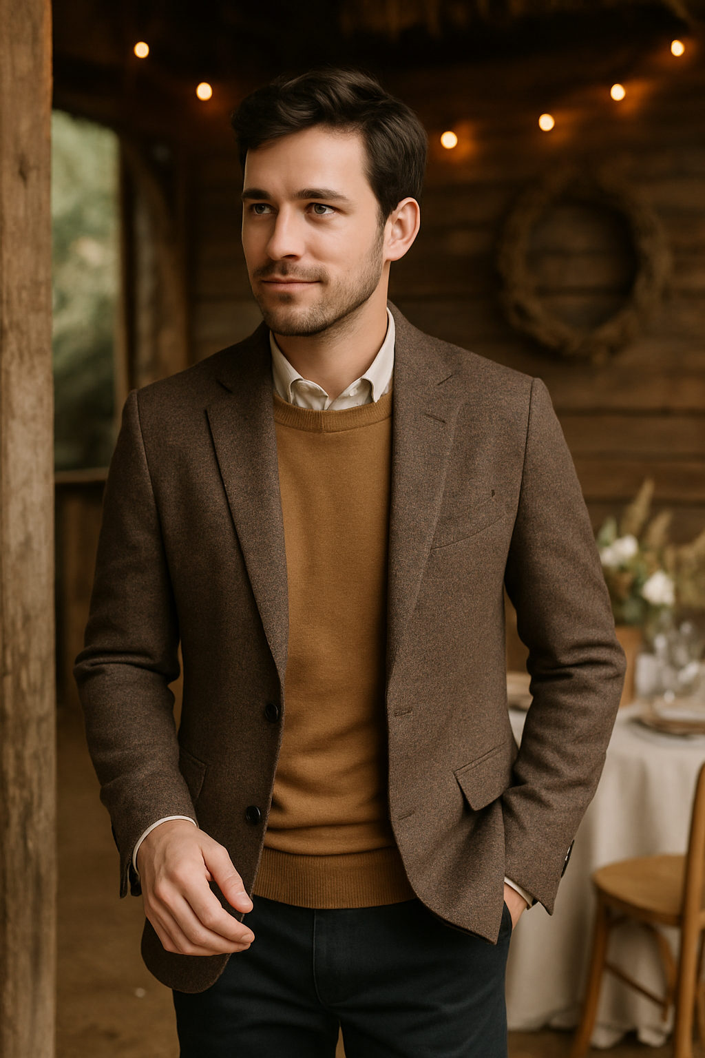 A man wearing a textured brown blazer over a sweater, standing in a rustic setting with warm lighting.