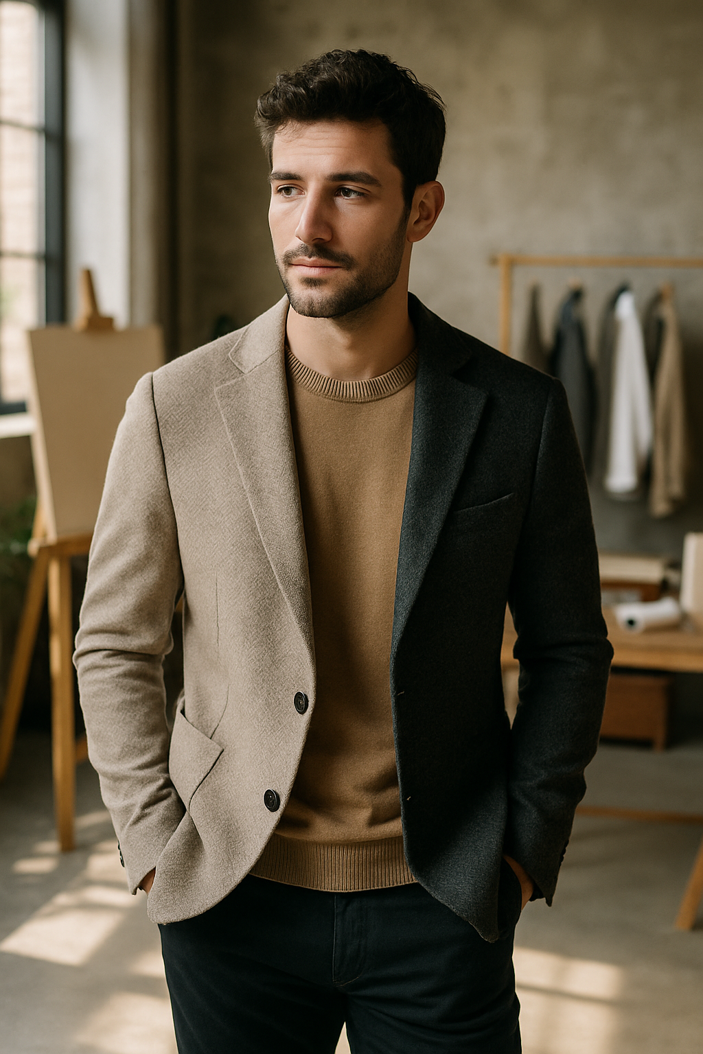 A man in a two-tone textured blazer, looking stylish and confident.