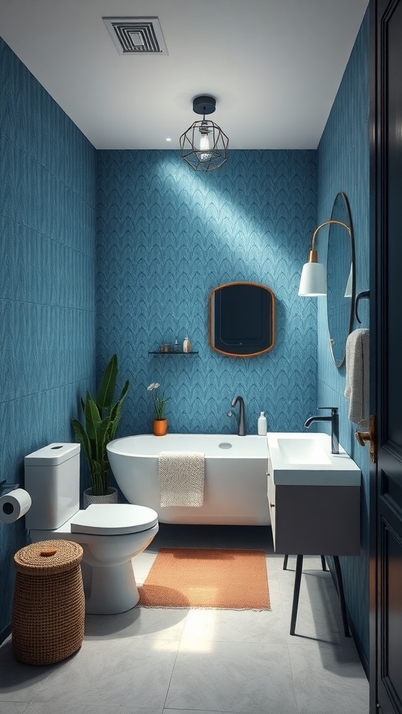 A modern bathroom featuring textured blue wallpaper, a white bathtub, and a stylish sink.