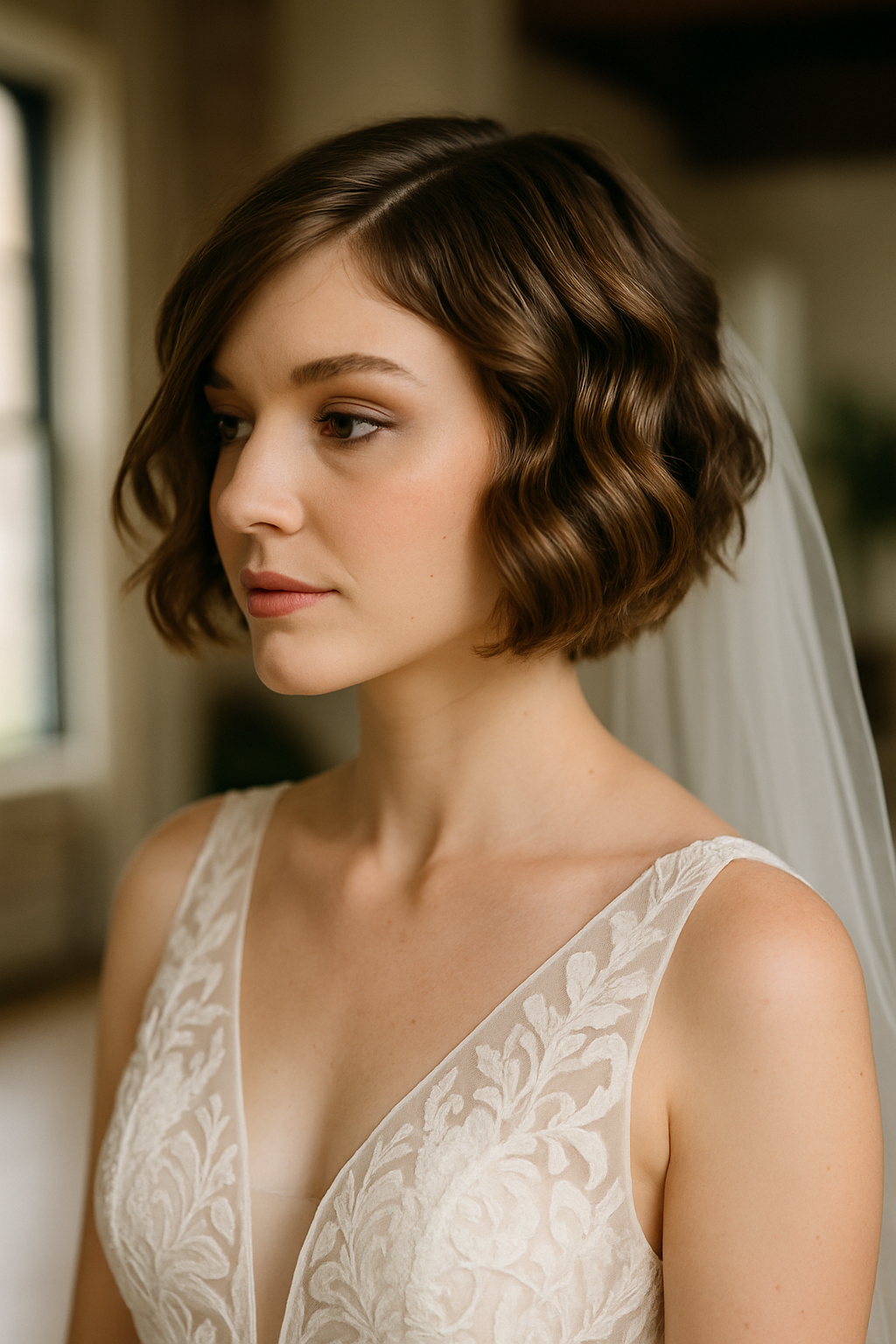 Bride with a textured bob hairstyle and a veil, wearing a delicate gown