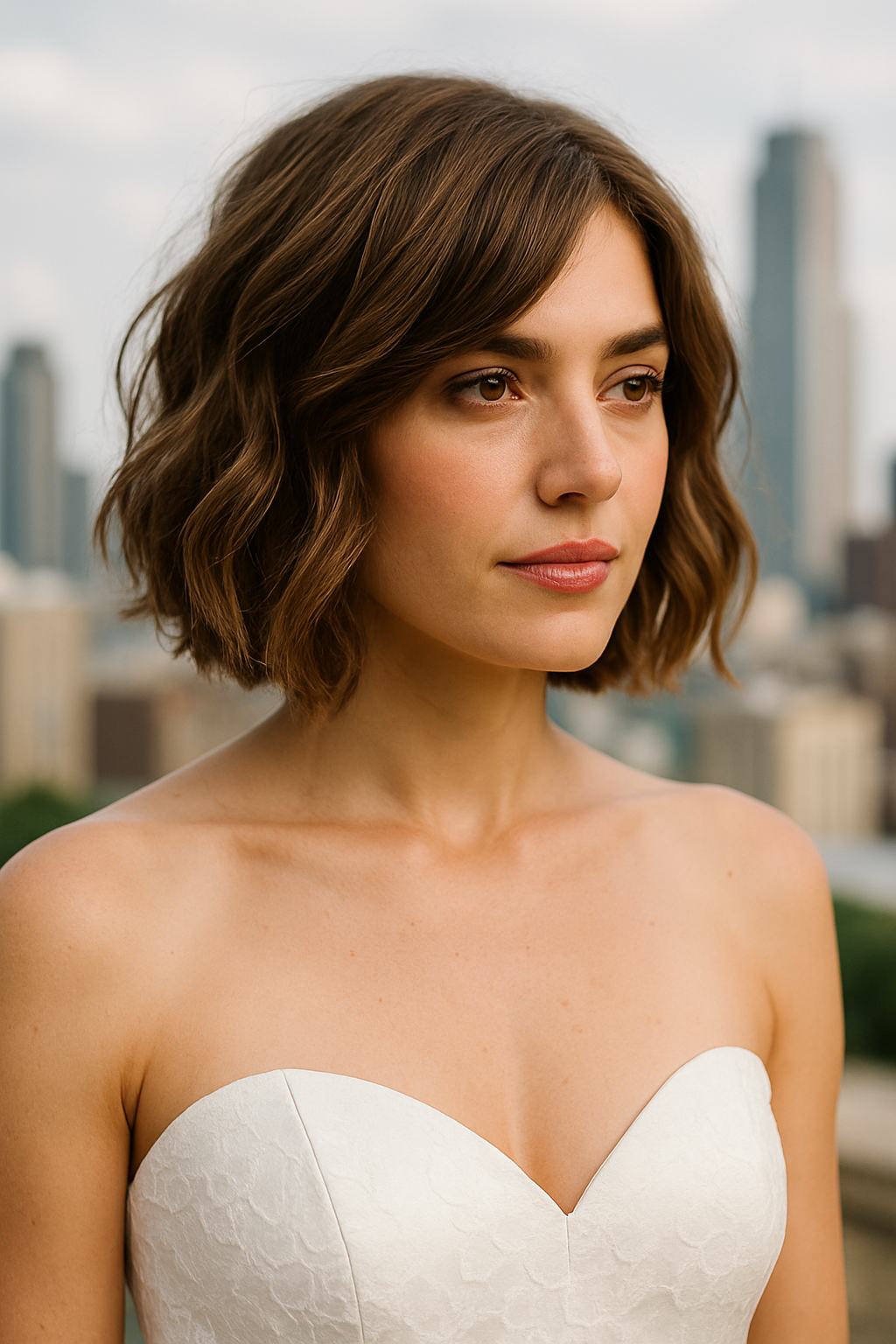 A bride with a textured bob hairstyle, wearing a strapless wedding dress, with a city skyline in the background.