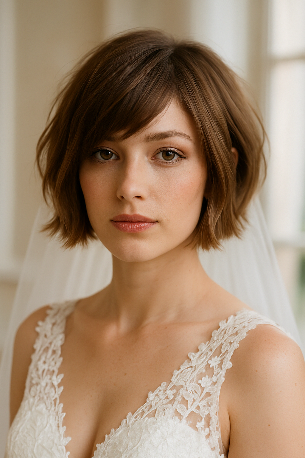 A bride with a textured bob hairstyle and asymmetrical fringe, wearing a lace wedding dress.