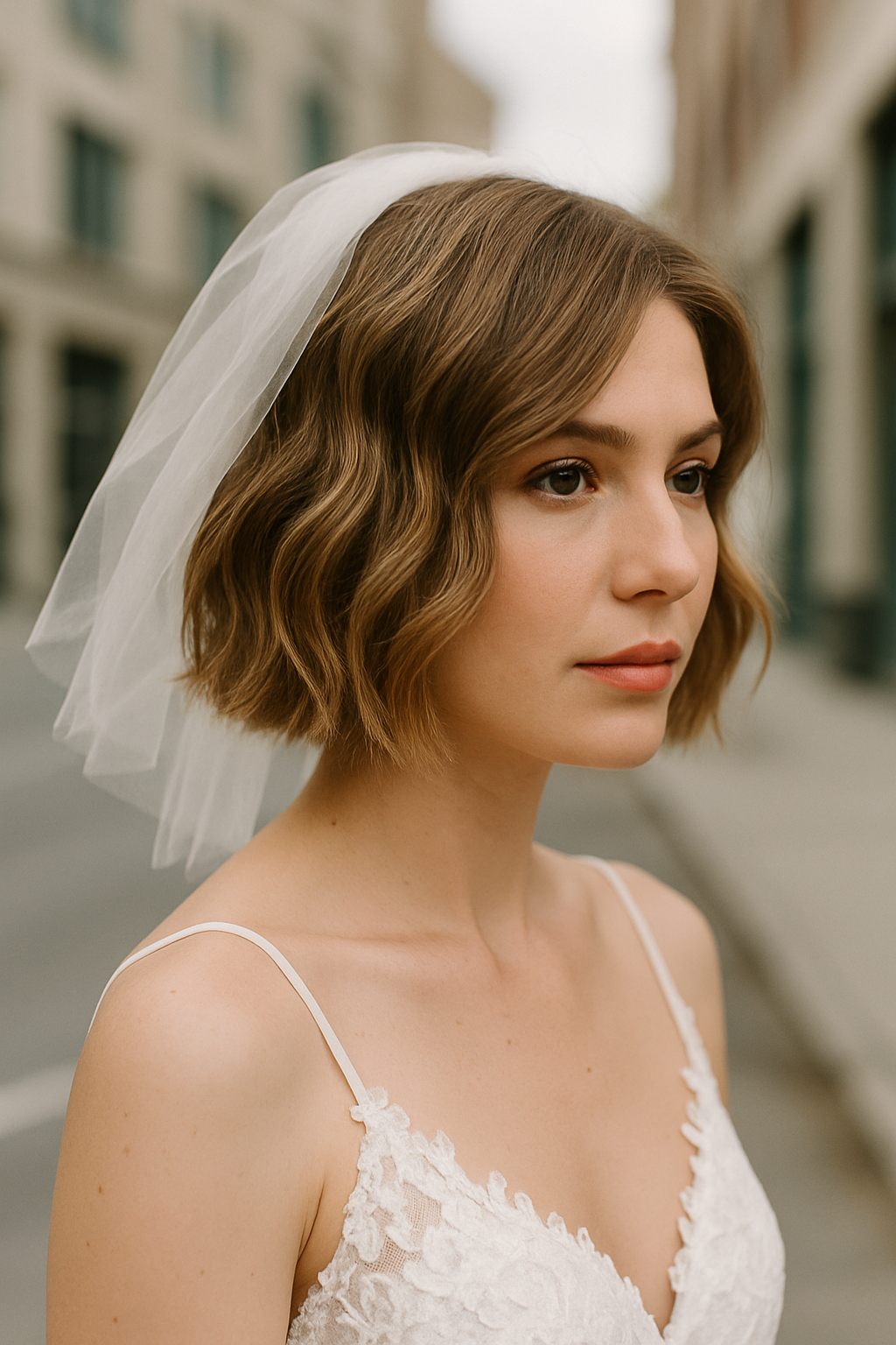 A bride with a textured bob hairstyle and a short veil, showcasing a modern bridal look.