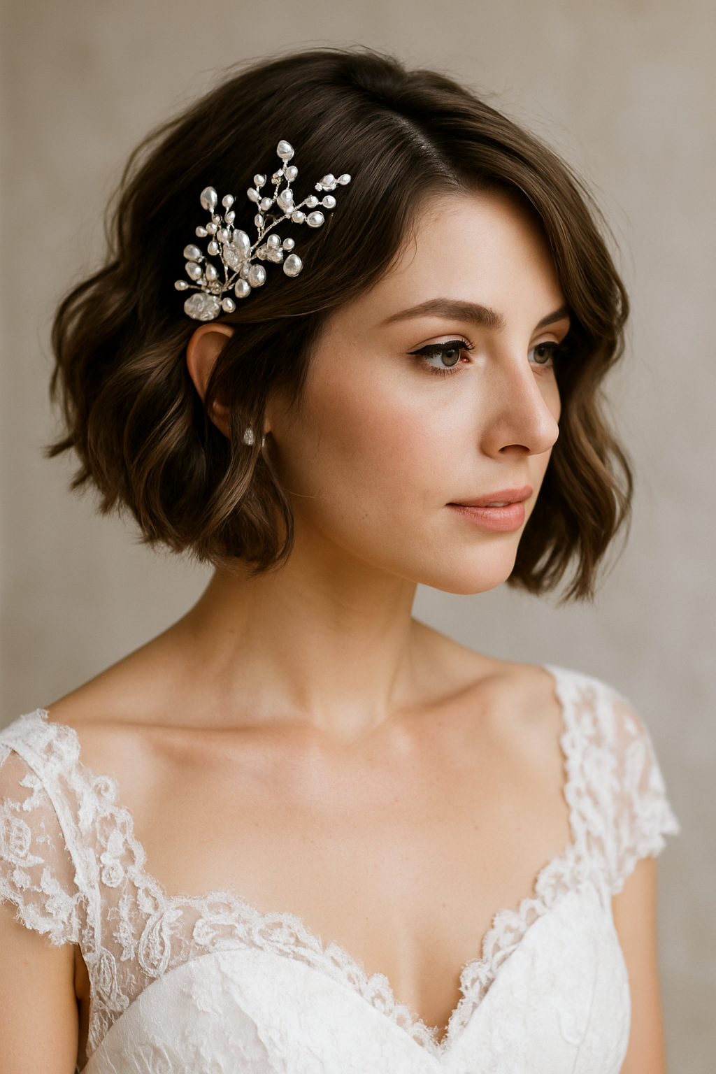 A bride with a textured bob hairstyle adorned with a statement hairpiece, showcasing elegance and style.