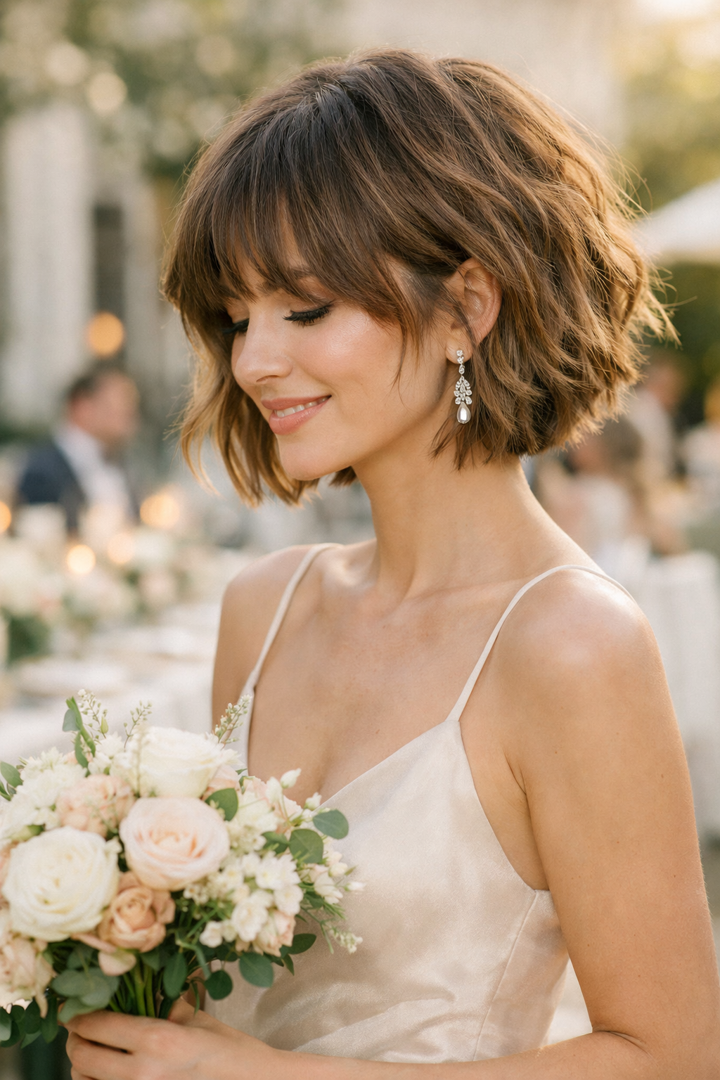 A woman with a textured bob hairstyle and tousled bangs, wearing a light colored dress and holding a bouquet, in an outdoor wedding setting.