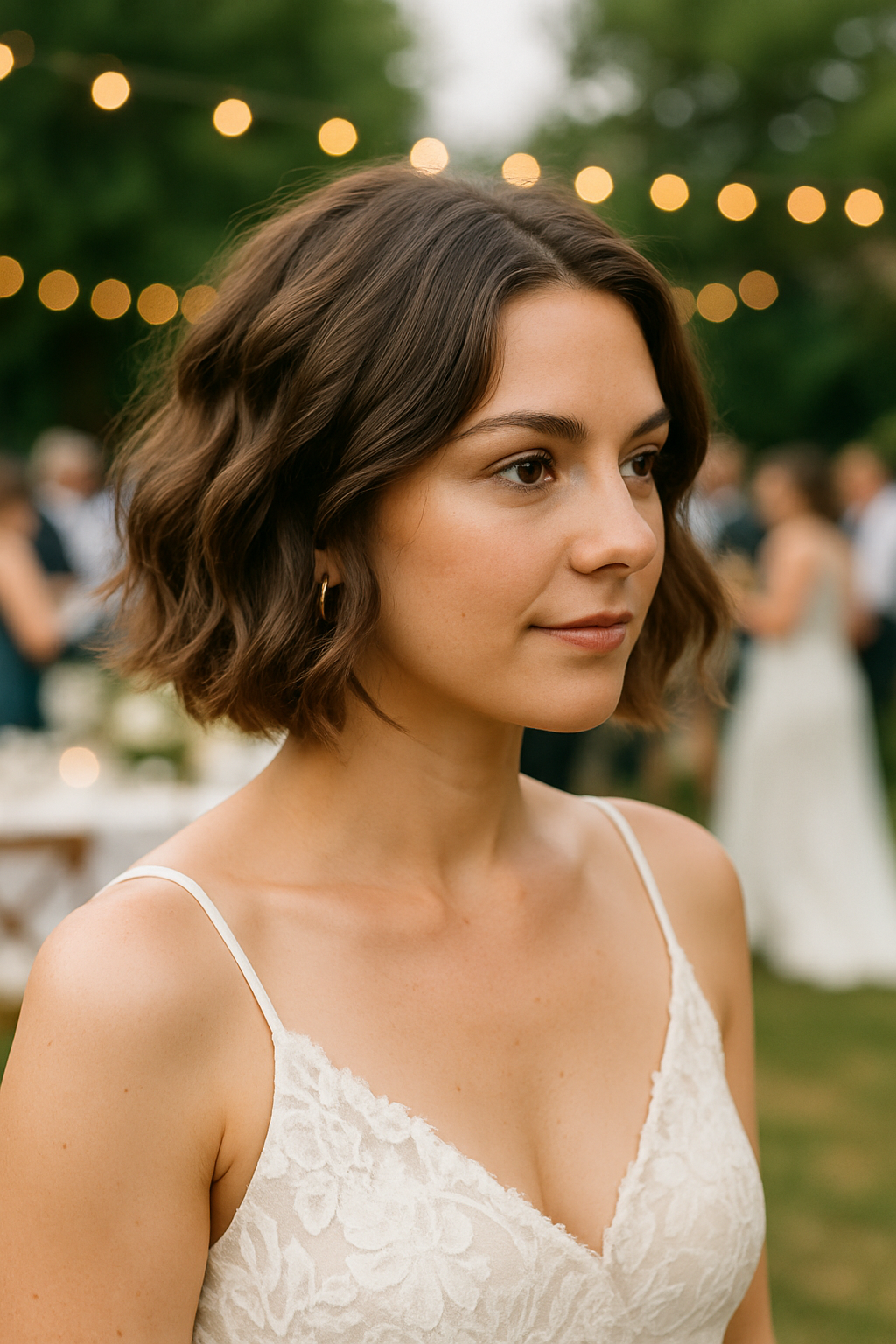 A woman with a textured bob hairstyle at a wedding, wearing a lace dress.