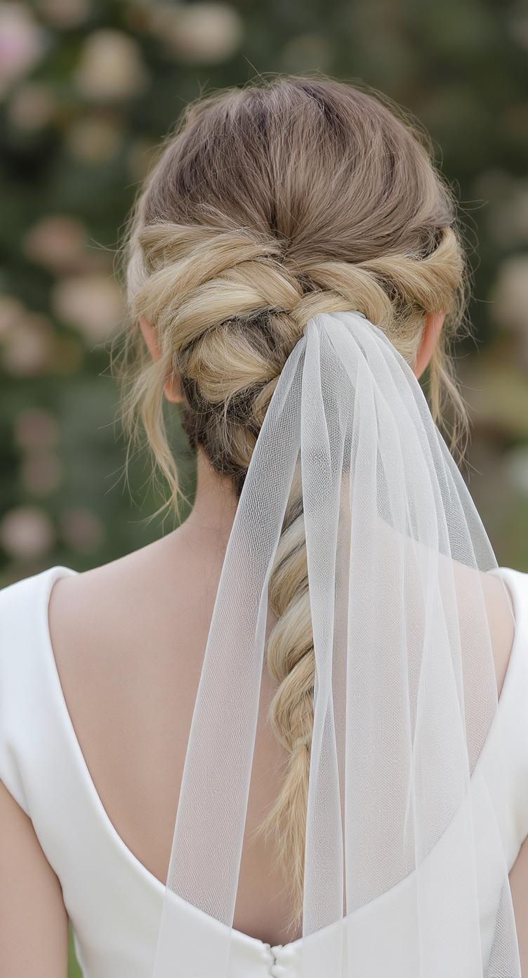 A textured braid updo with a veil, showcasing an elegant hairstyle for bridesmaids.