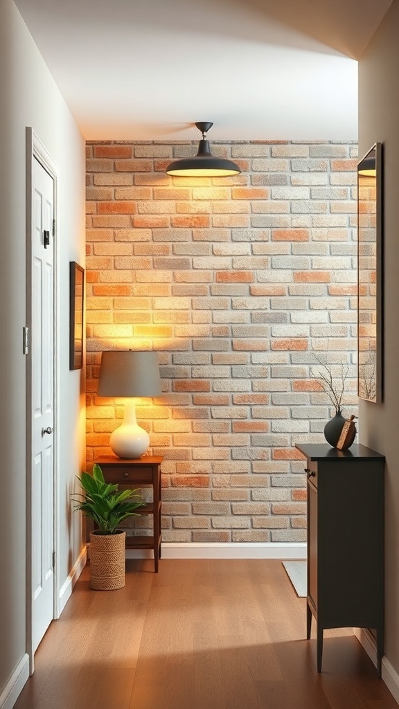A hallway featuring a textured brick wall with warm lighting and decorative elements.