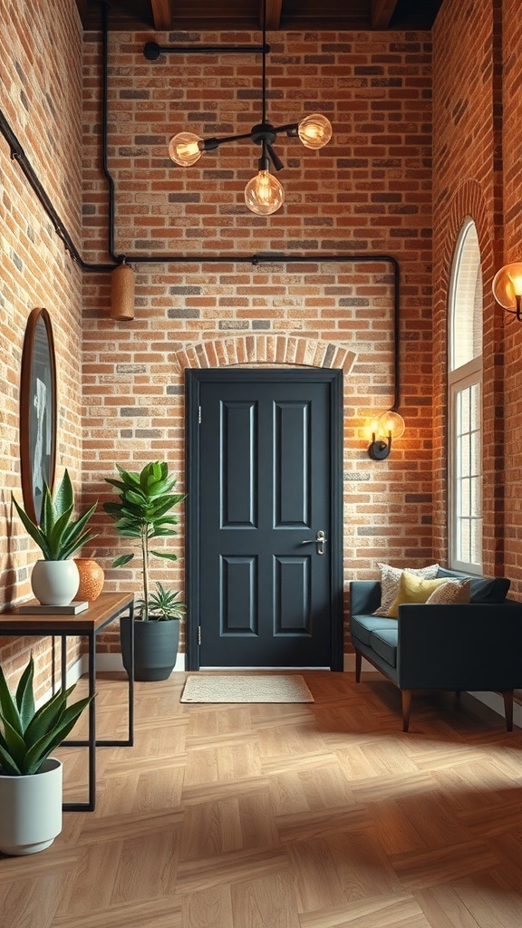 An entryway featuring a textured brick wall, dark door, modern lighting, and plants.
