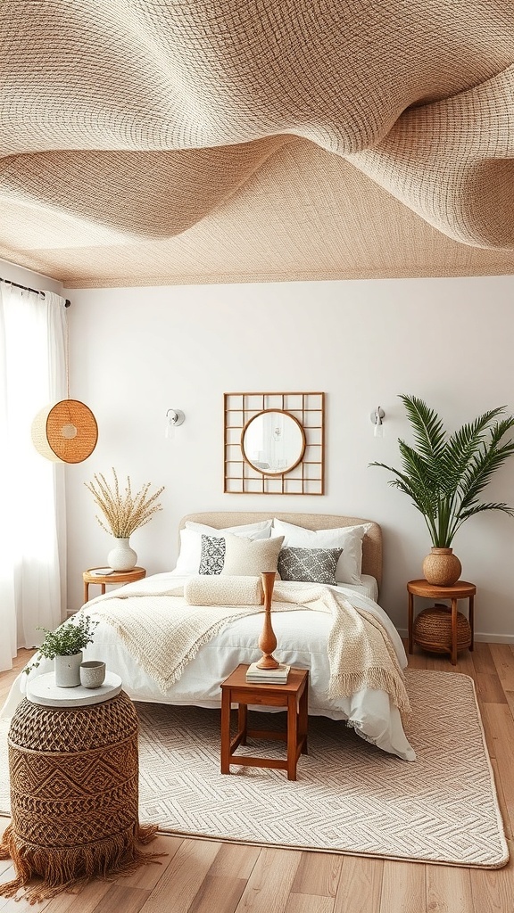 A cozy boho bedroom with a textured ceiling, featuring warm tones and natural decor.