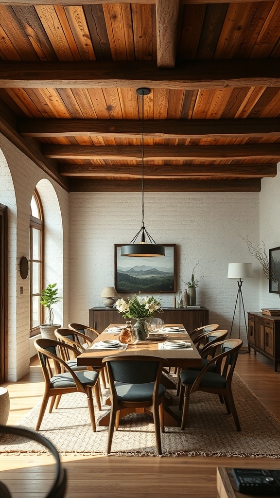 Rustic dining area with a wooden textured ceiling and wooden furniture.