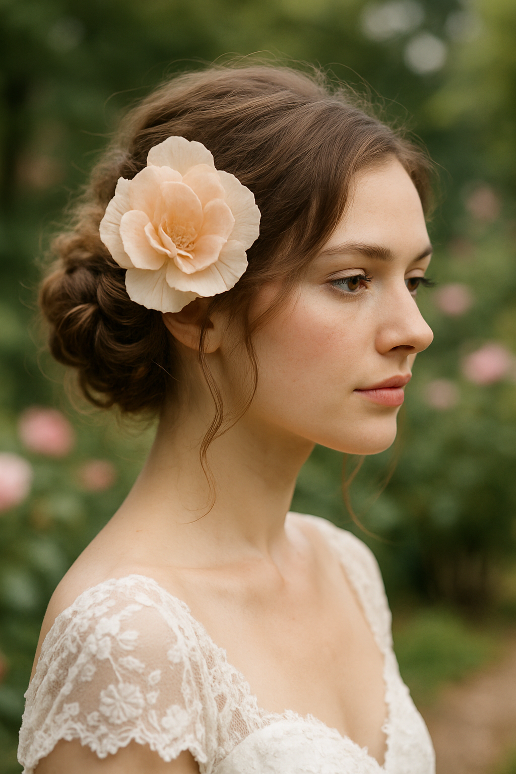 A woman with a textured chignon hairstyle adorned with a silk flower fascinator, set against a garden background.