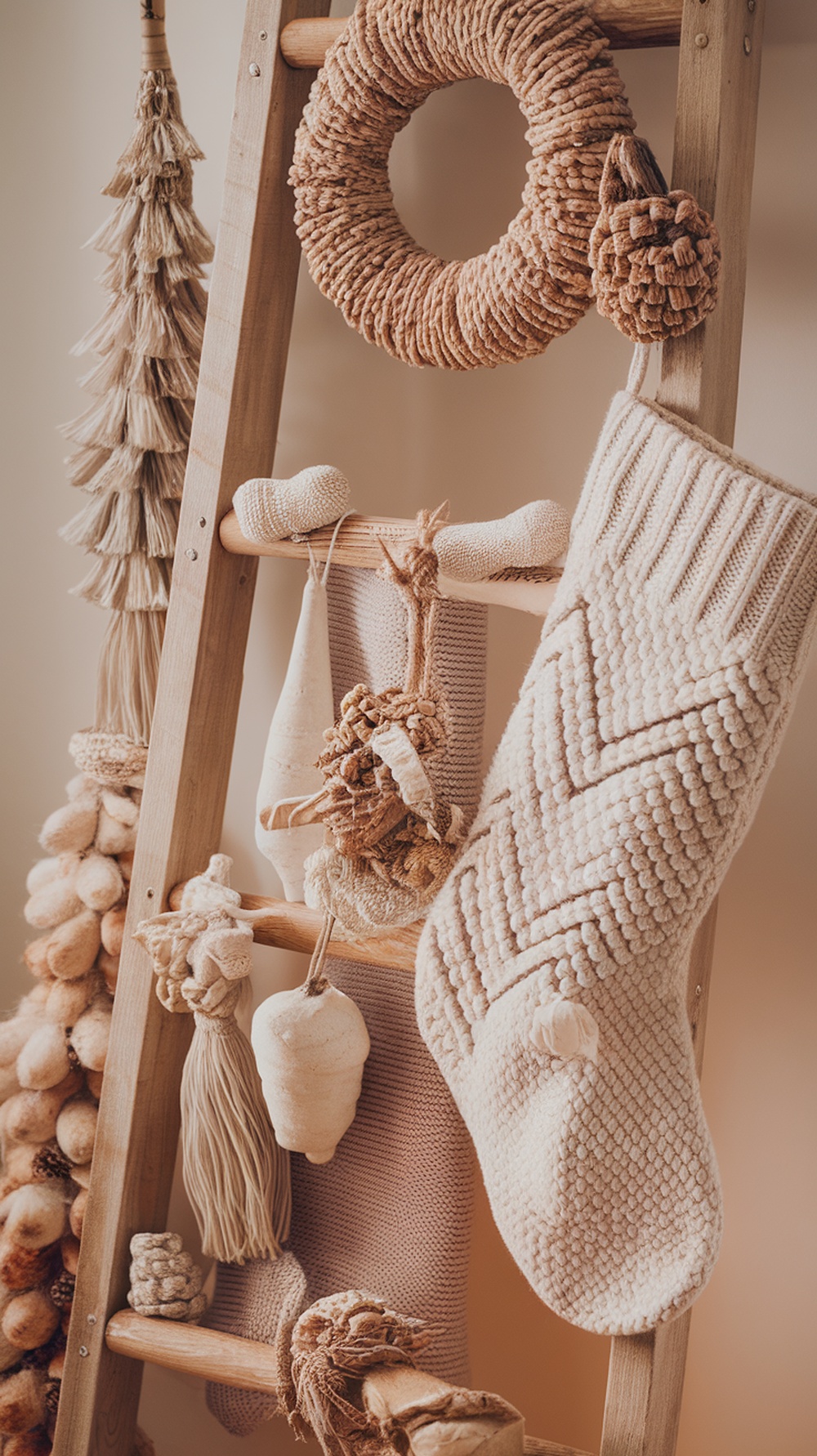 A wooden ladder decorated with textured Christmas items including knitted stockings, a wreath, and natural fiber ornaments.