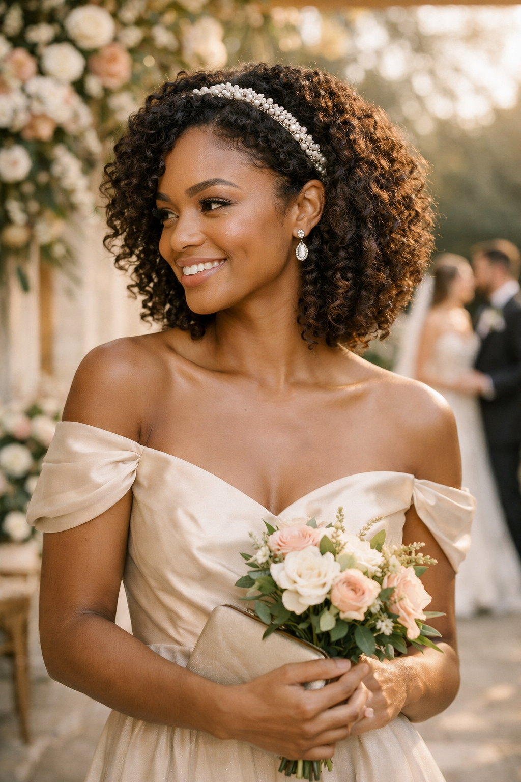A bride's guest wearing textured curls adorned with a beaded headband and a soft golden off-shoulder dress, holding a bouquet of flowers.