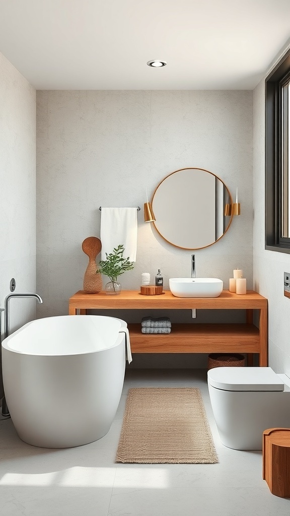 A minimalist bathroom featuring a white bathtub, wooden vanity, and natural textures.