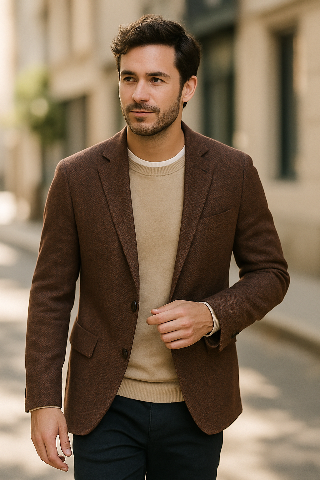 A man wearing a brown textured blazer over a cream sweater, walking down a city street.