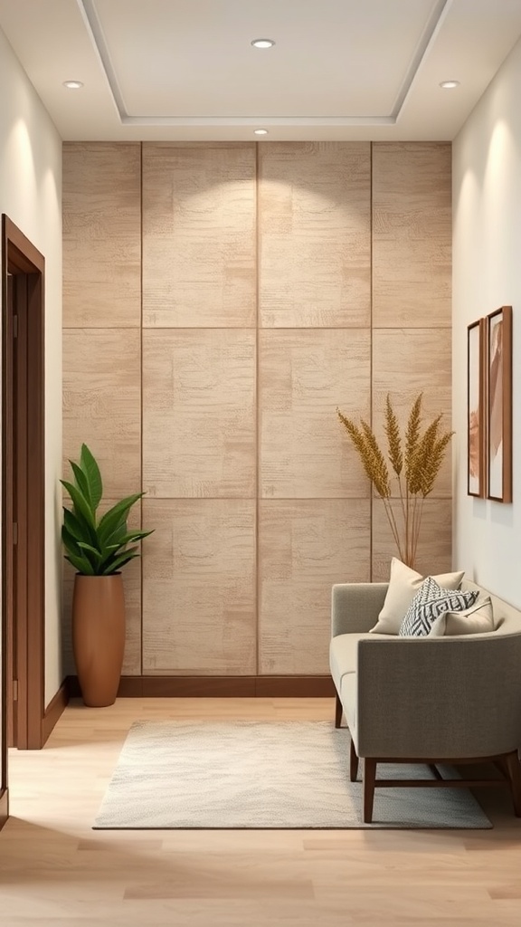 A hallway featuring textured fabric panels on the wall, a cozy couch, and decorative plants.
