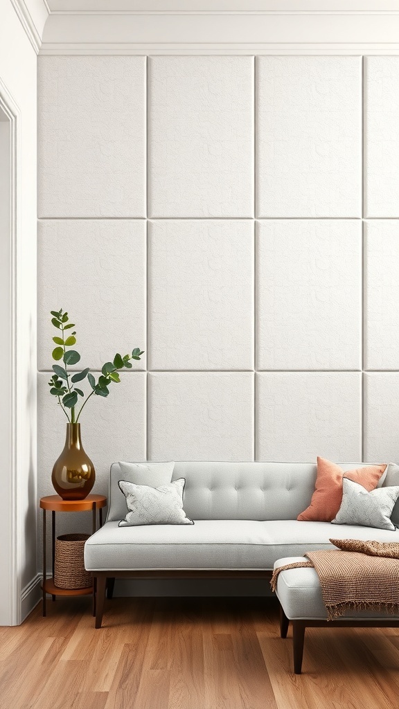 Entryway with textured fabric panels on the wall, featuring a light-colored sofa and decorative elements.