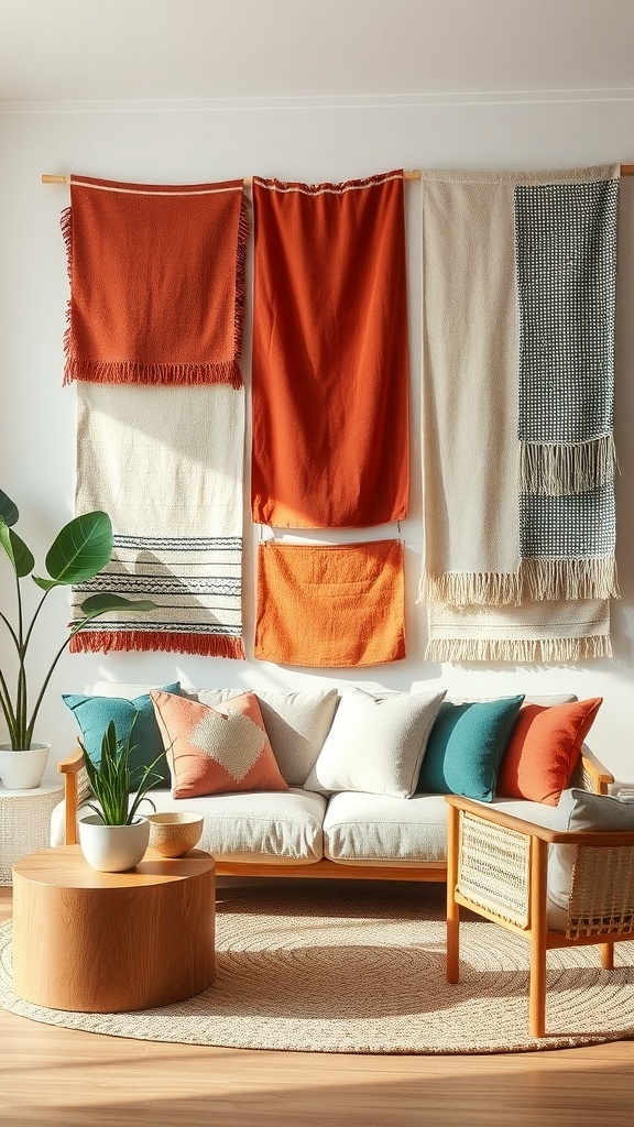 A cozy living room featuring textured fabric wall hangings in warm colors, with a comfortable sofa and decorative pillows.