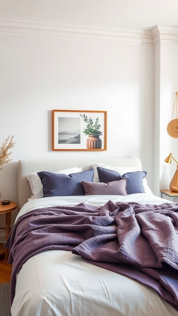 A cozy purple-themed bedroom with textured fabrics, featuring a bed with a purple throw blanket and pillows.