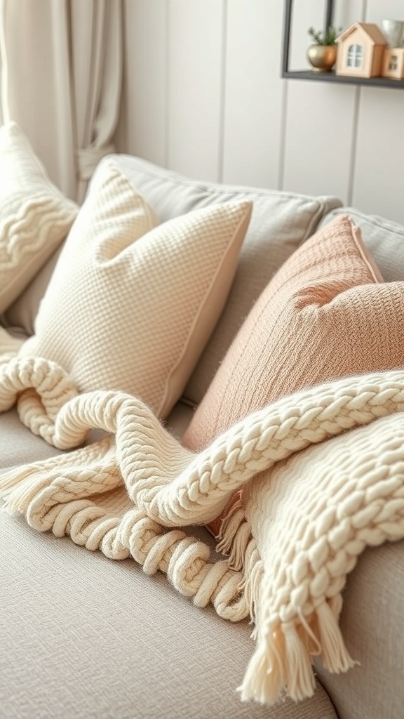 A cozy sofa with textured pillows and a braided throw blanket
