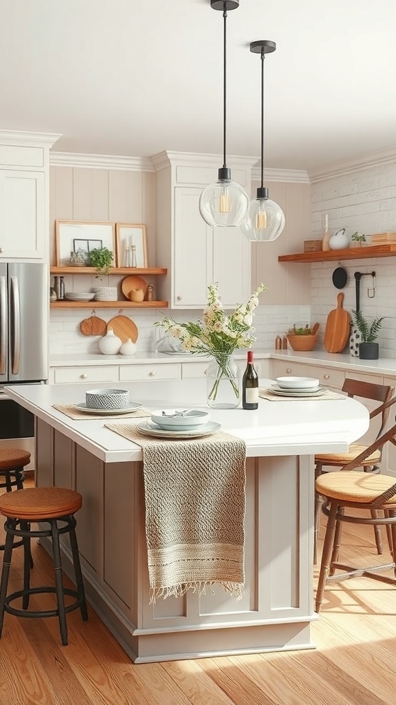 A beautifully decorated kitchen island with a textured runner, elegant dishes, and modern lighting.