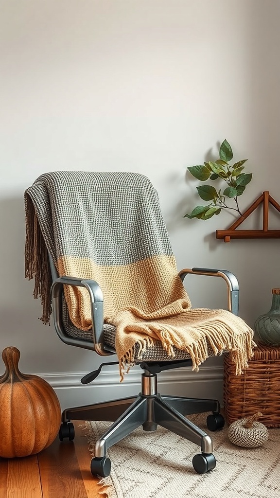 A cozy office chair with a textured blanket draped over it, accompanied by a decorative pumpkin and a plant.
