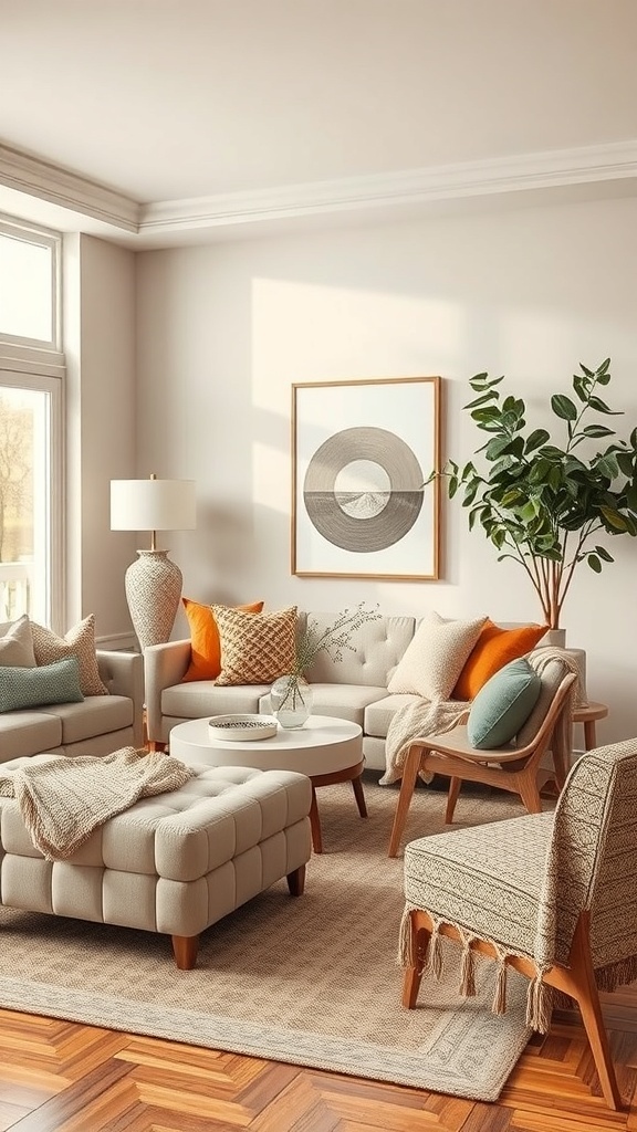 A cozy mid-century modern living room featuring textured fabrics and materials, with a neutral color palette and wooden accents.