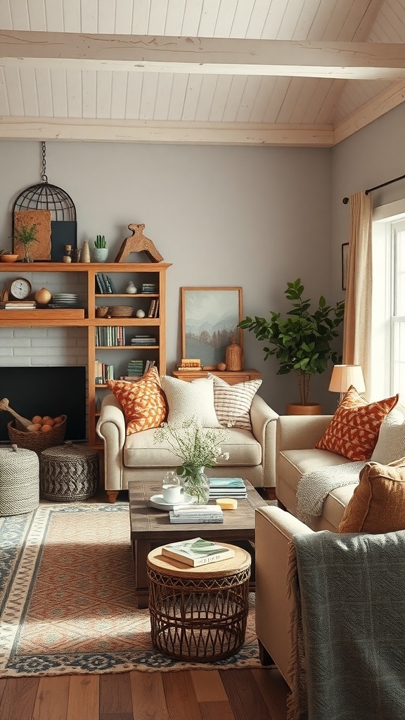 A cozy cottage living room with textured fabrics and patterns, featuring soft sofas, vibrant throw pillows, a patterned rug, and woven baskets.