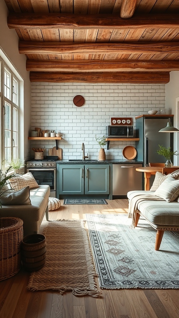 A rustic modern kitchen featuring textured fabrics and rugs, with wooden beams and a cozy atmosphere.
