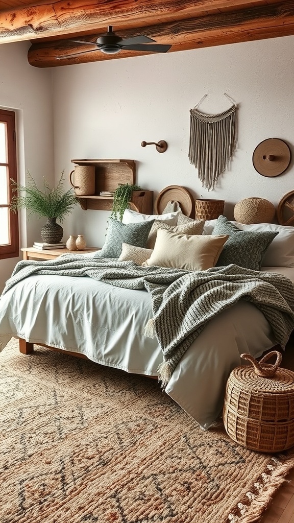 Cozy rustic bedroom with textured fabrics and a patterned rug