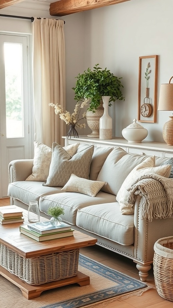 A rustic French country living room featuring a light-colored sofa with soft cushions, a wooden coffee table, and natural decor elements.