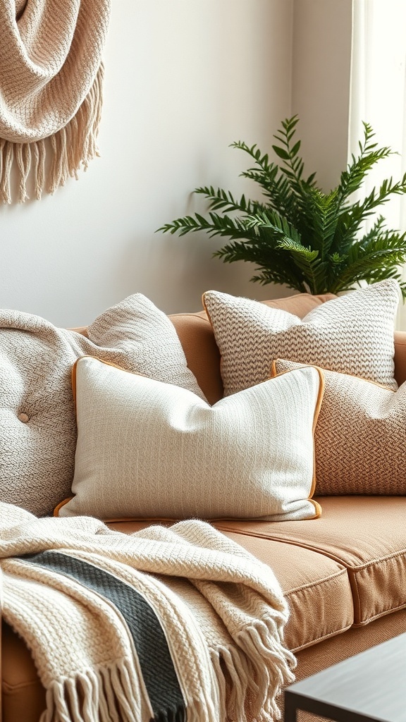 A cozy sofa with textured pillows and a knitted throw, complemented by a plant in the corner.
