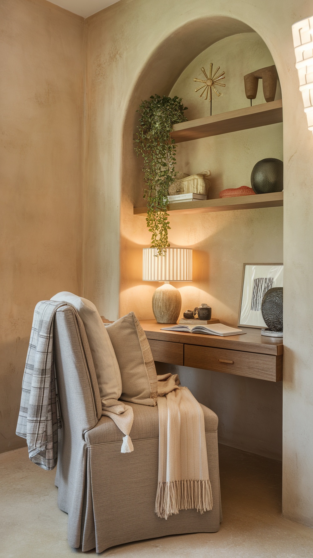 A cozy study area featuring a soft chair with cushions, a warm blanket, and a wooden desk with decorative items.