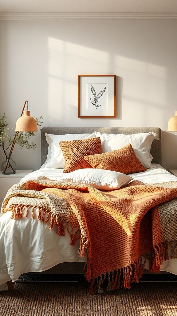 A cozy small master bedroom featuring a bed with a textured orange and cream blanket and pillows, illuminated by natural light.