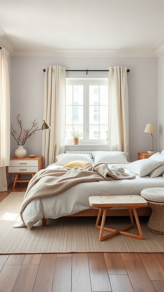 A minimalist bedroom featuring soft textures, a cozy bed with blankets and pillows, natural wood furniture, and warm lighting.